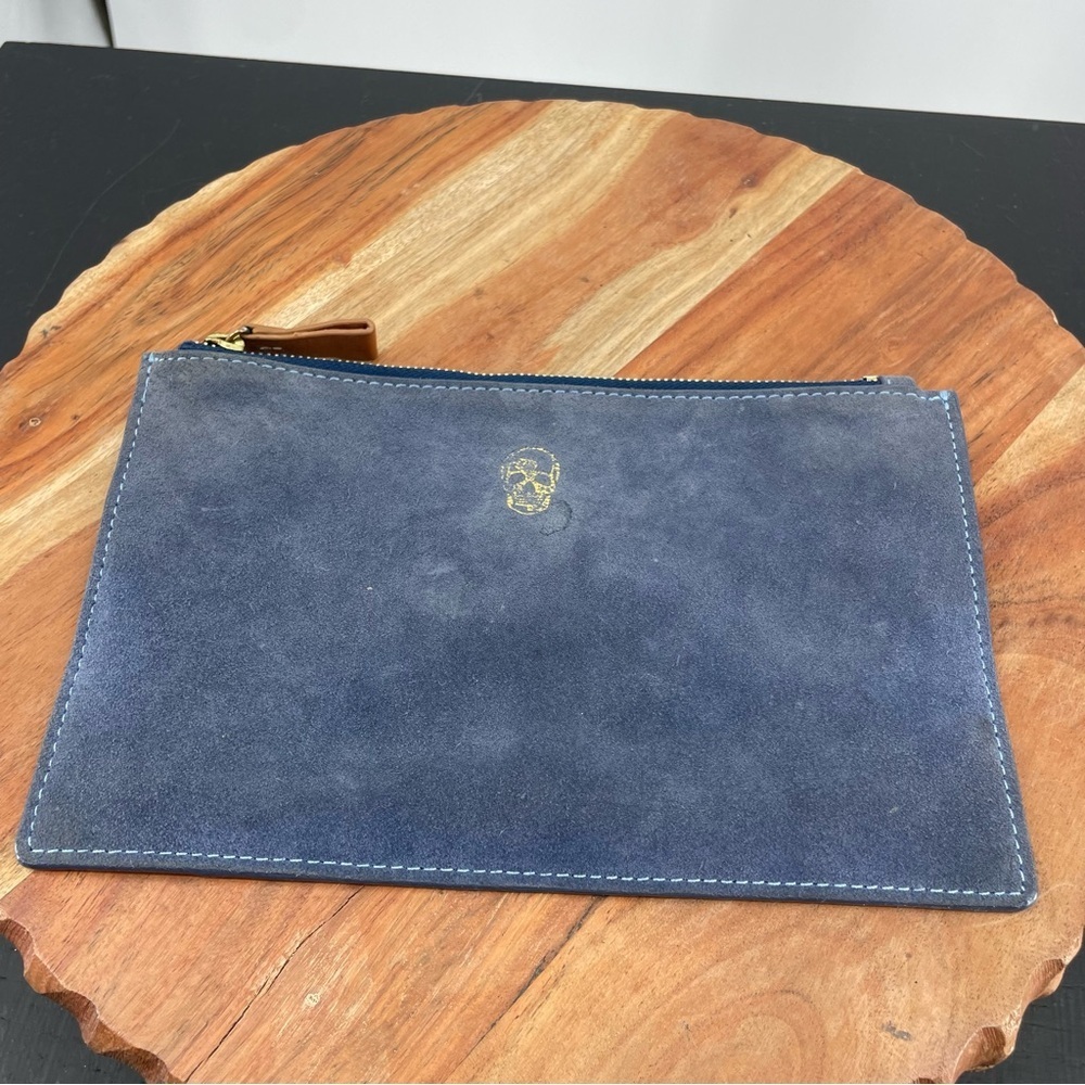 BOULEVARD Carrie blue suede leather pouch clutch skull logo